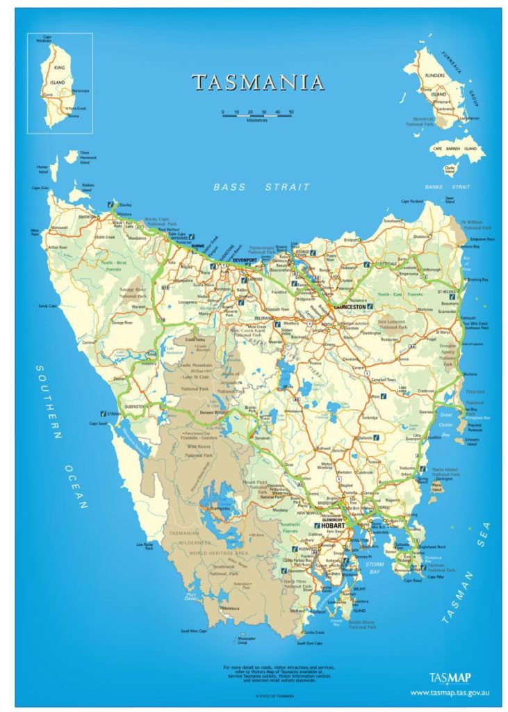 Map of Tasmania showing our route